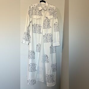 White Script Print Button-Up Maxi Shirt Dress/Long Blouse Tunic XL